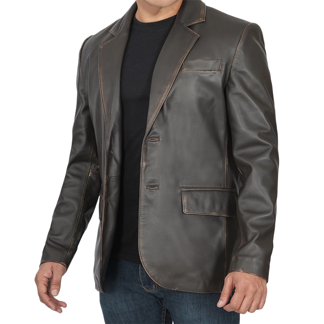 Men's Dark Brown Rub Off Leather Blazer