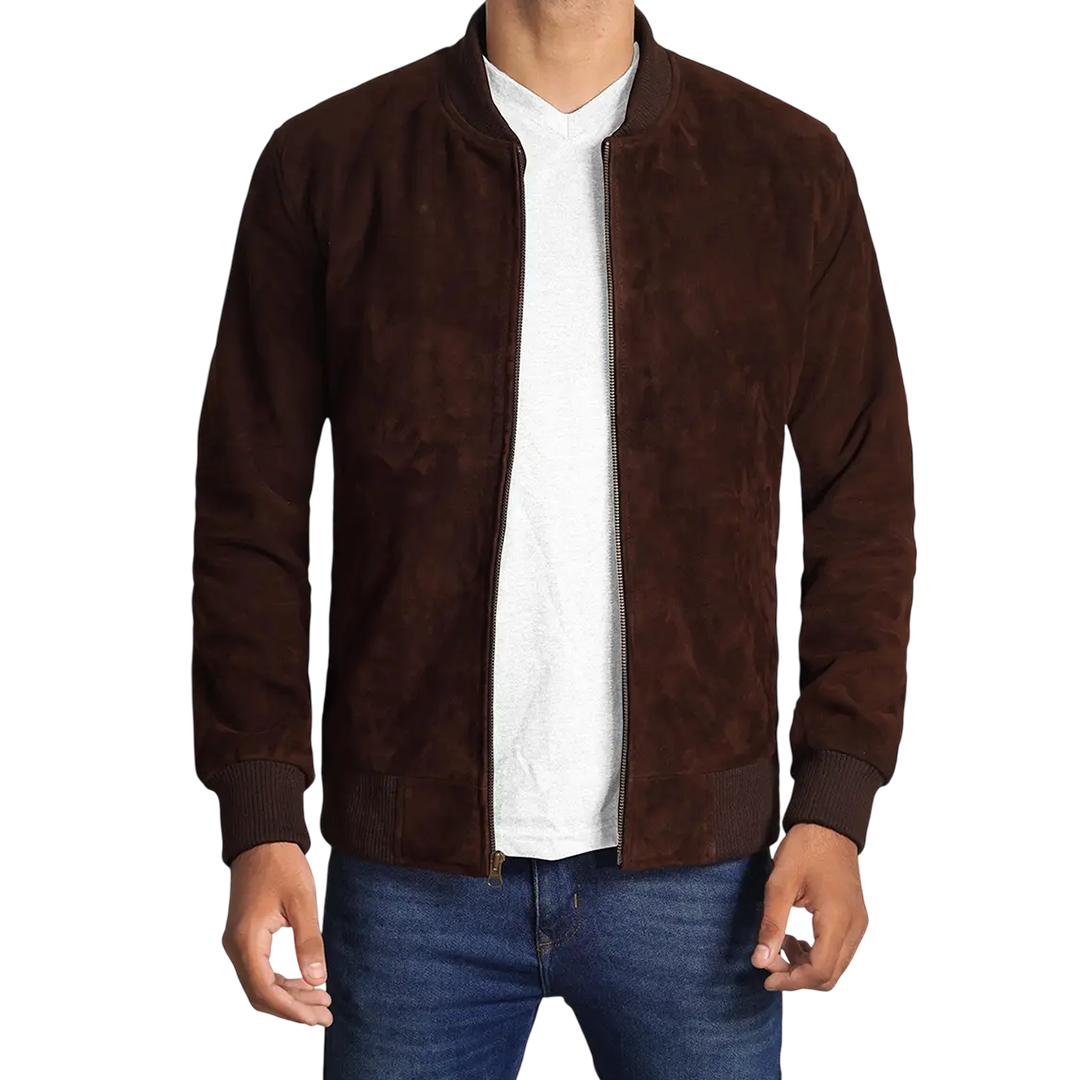 Men's Dark Brown Suede Bomber Jacket