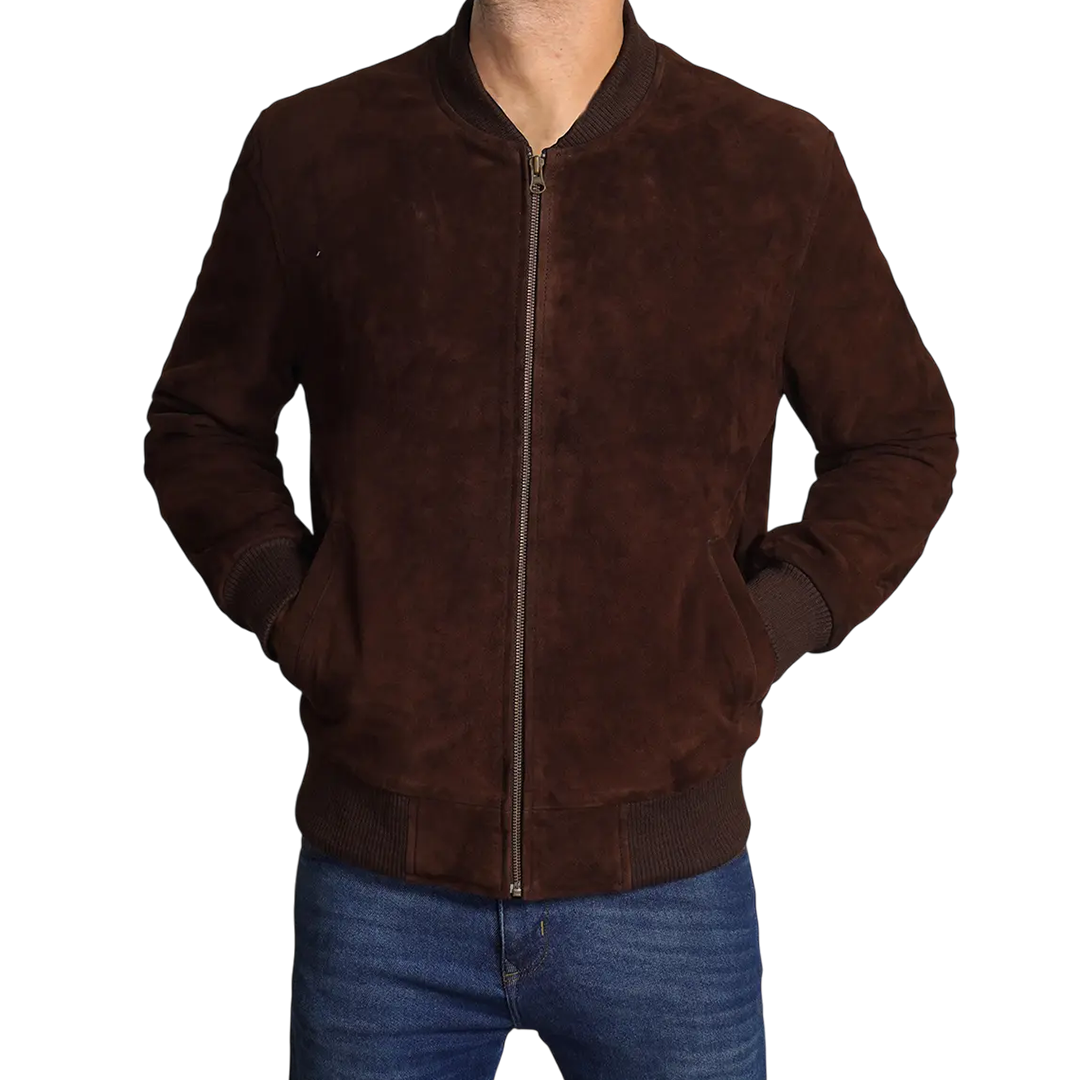 Men's Dark Brown Suede Bomber Jacket