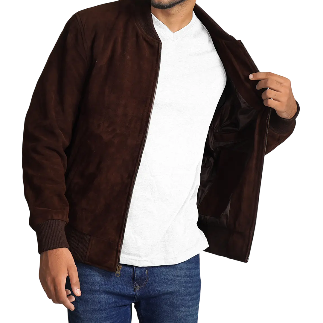 Men's Dark Brown Suede Bomber Jacket
