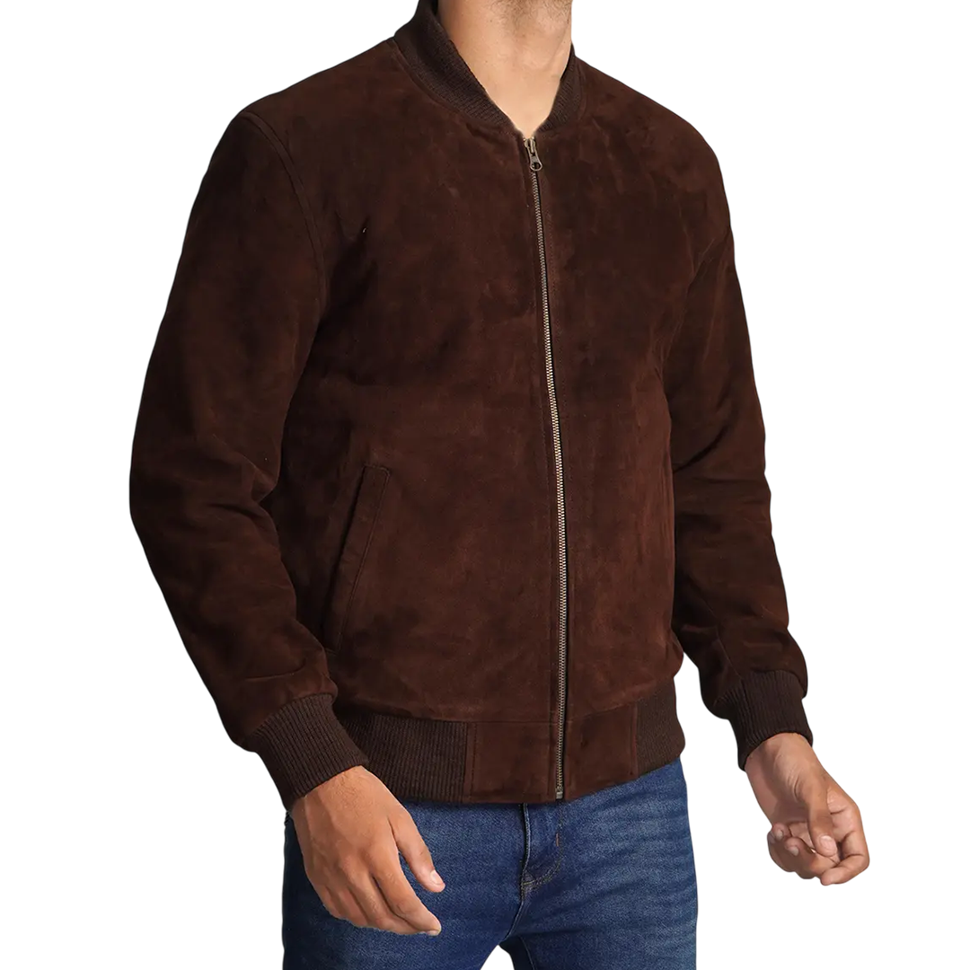 Men's Dark Brown Suede Bomber Jacket