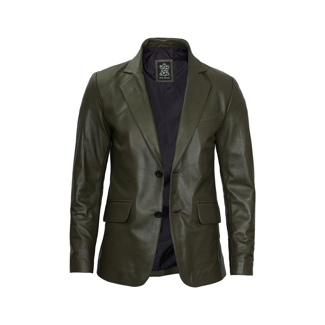 Men's Dark Green Blazer Real Leather Jacket