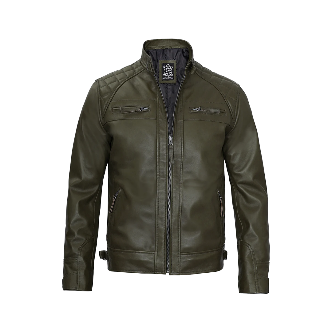 Men's Dark Green Real Leather Cafe Racer Biker Jacket