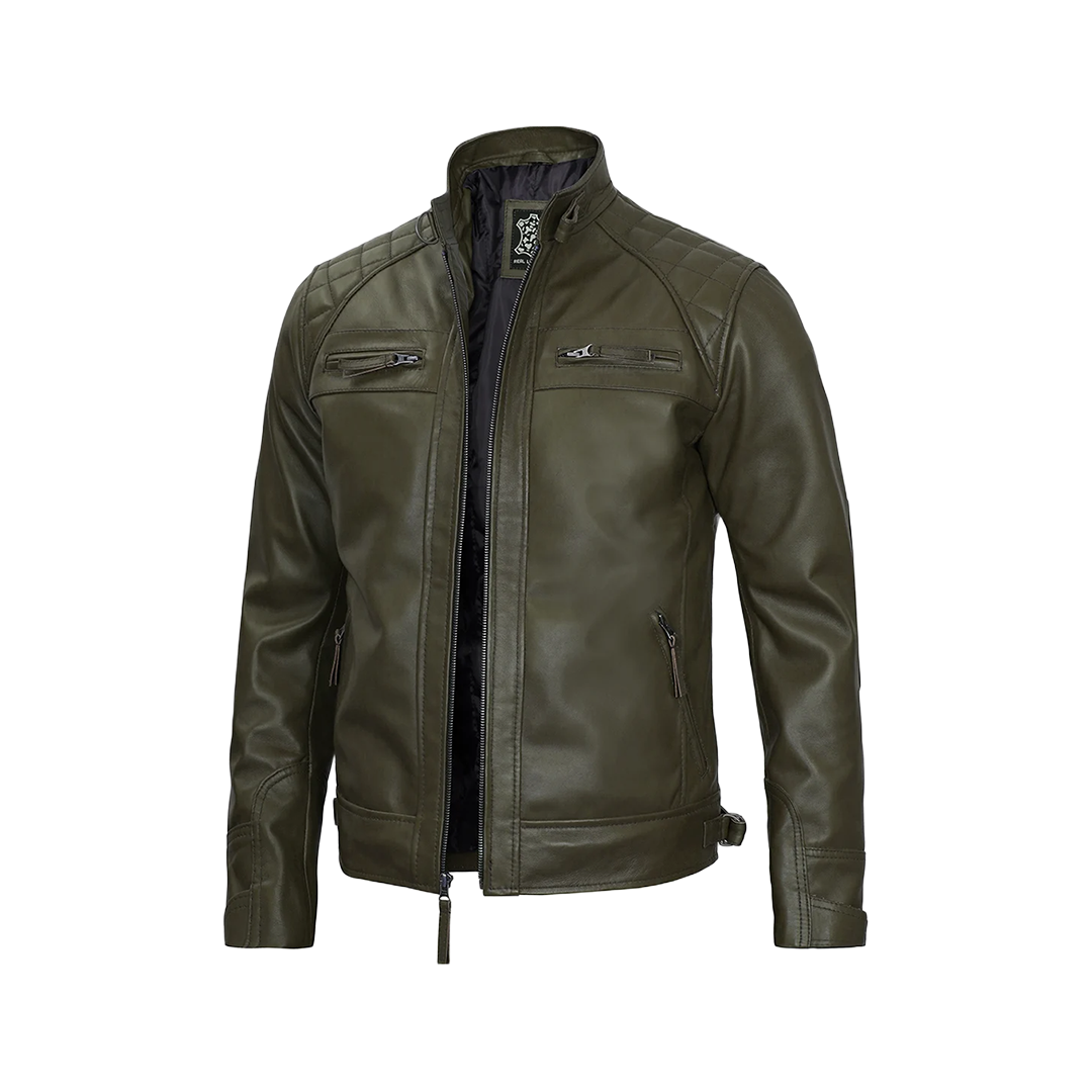 Men's Dark Green Real Leather Cafe Racer Biker Jacket