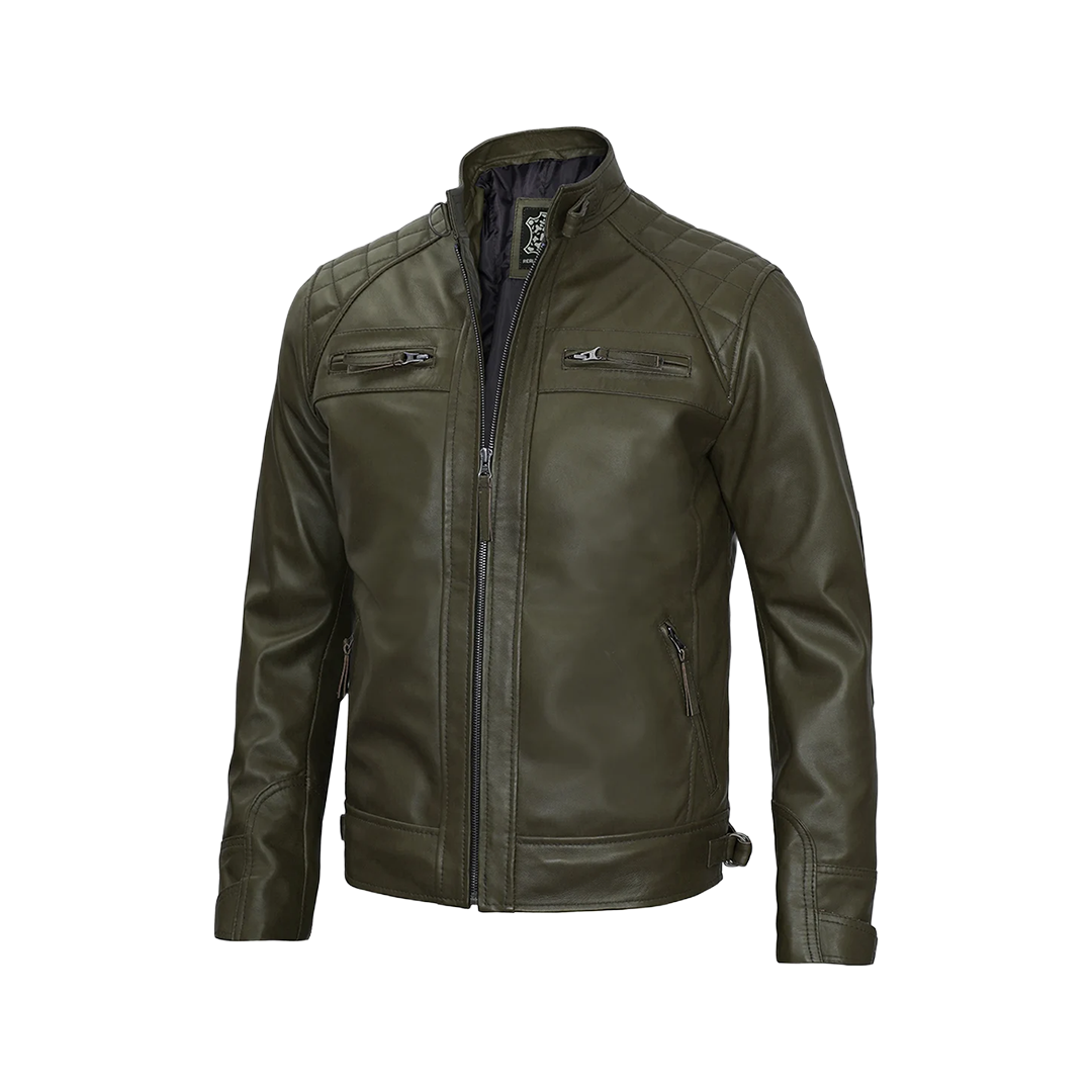 Men's Dark Green Real Leather Cafe Racer Biker Jacket