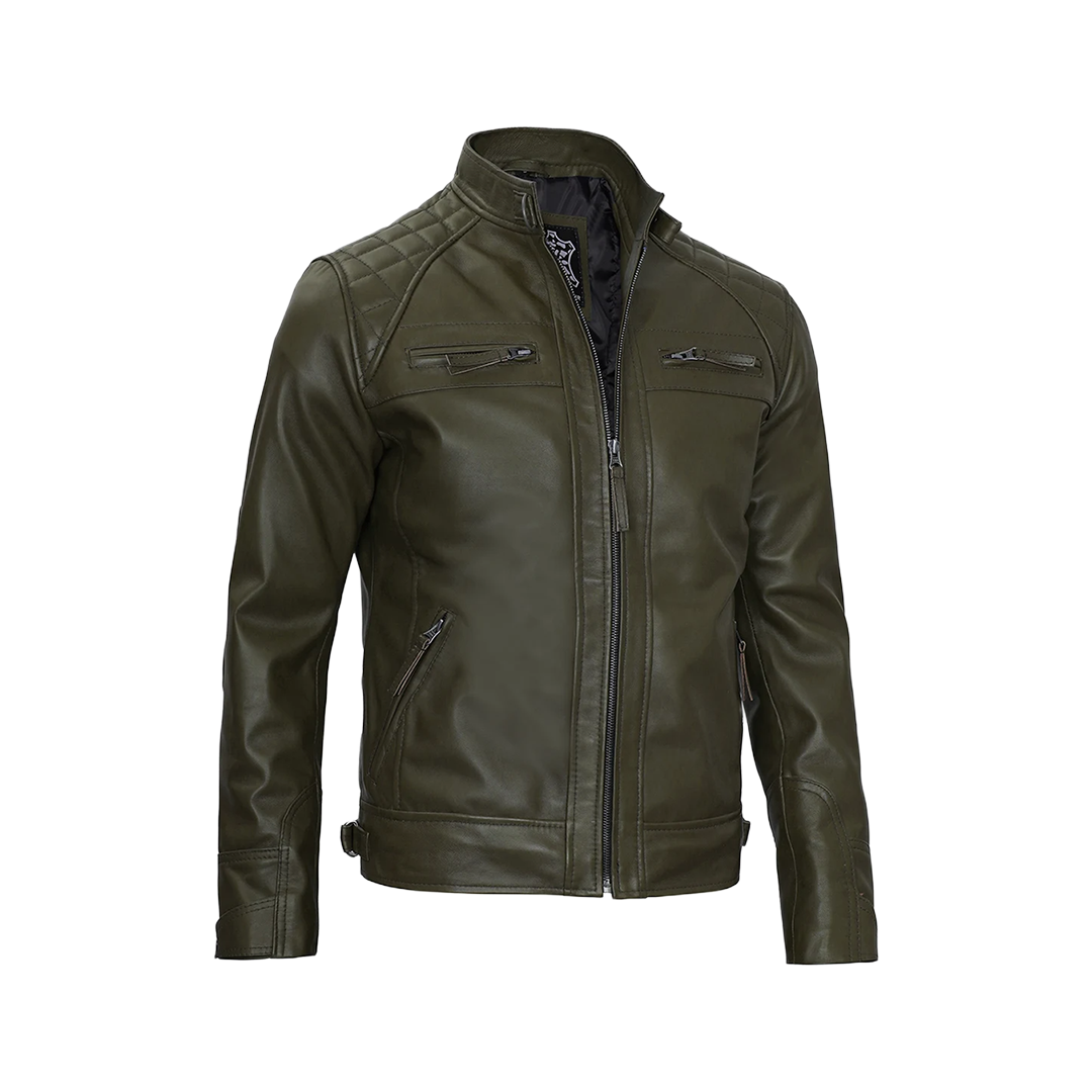 Men's Dark Green Real Leather Cafe Racer Biker Jacket