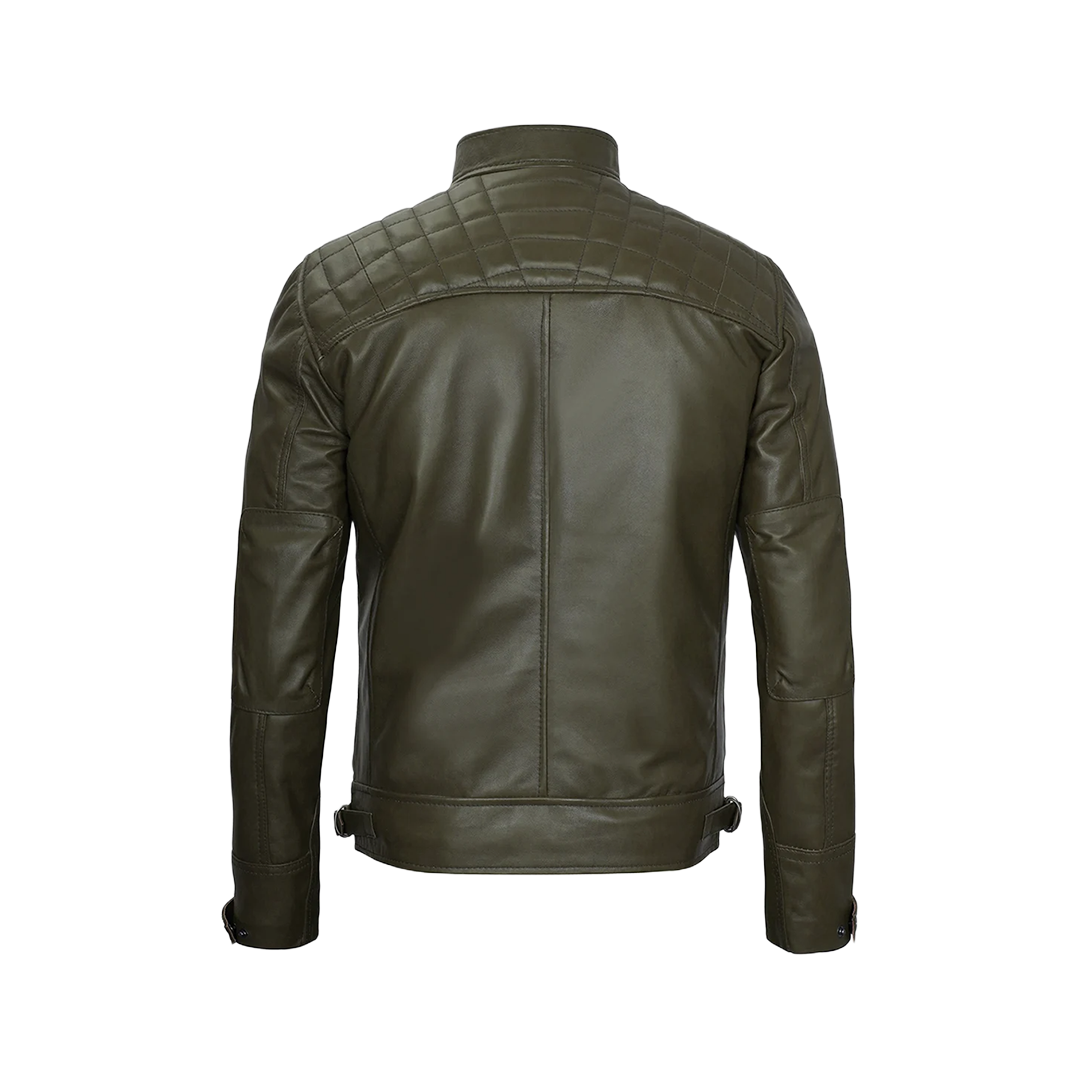 Men's Dark Green Real Leather Cafe Racer Biker Jacket