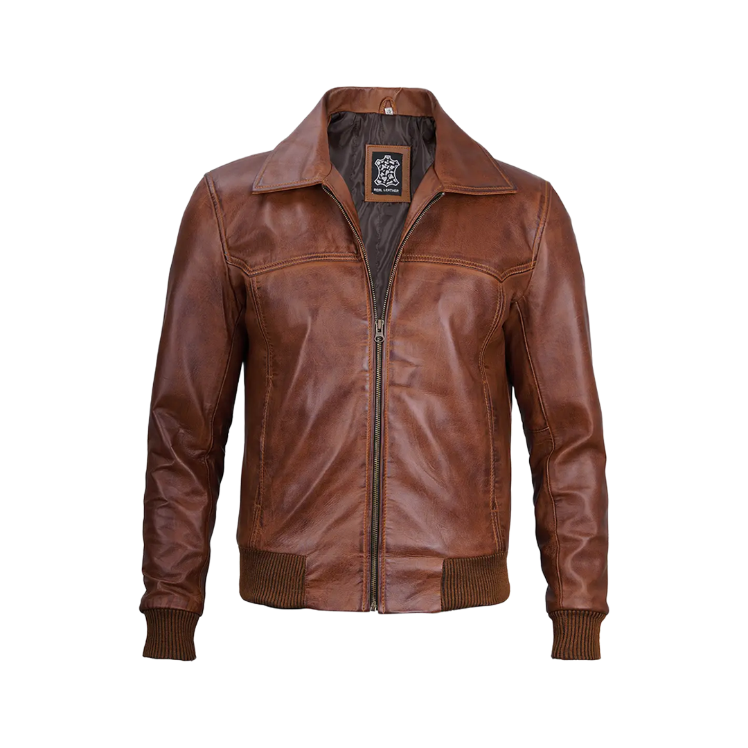 Men's Distressed Brown Leather Bomber Jacket — Vintage Style