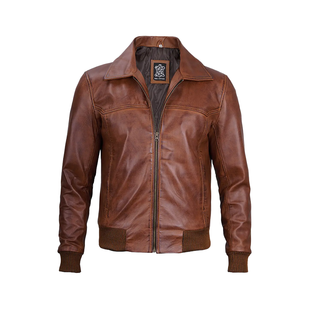 Men's Distressed Brown Leather Bomber Jacket — Vintage Style