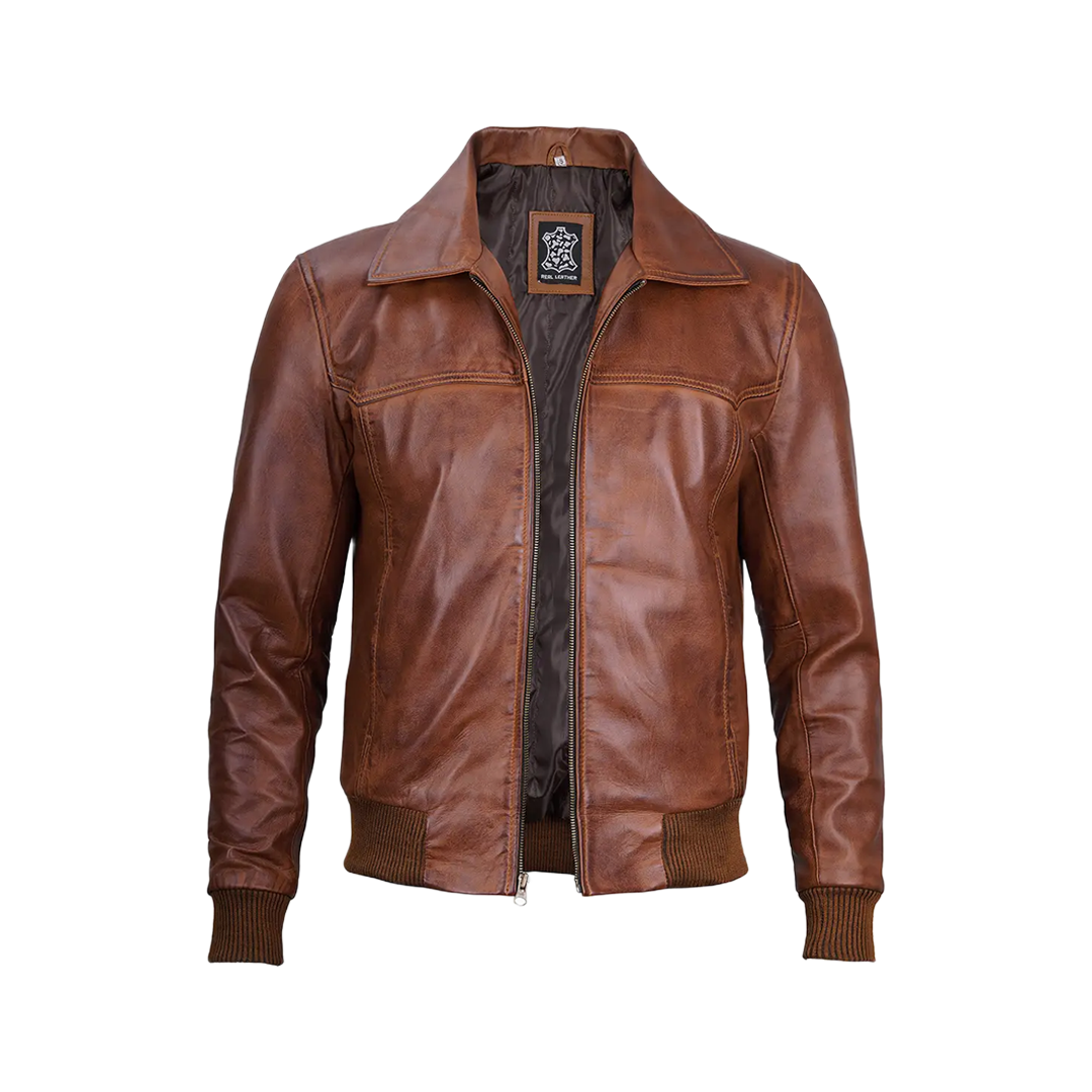 Men's Distressed Brown Leather Bomber Jacket — Vintage Style