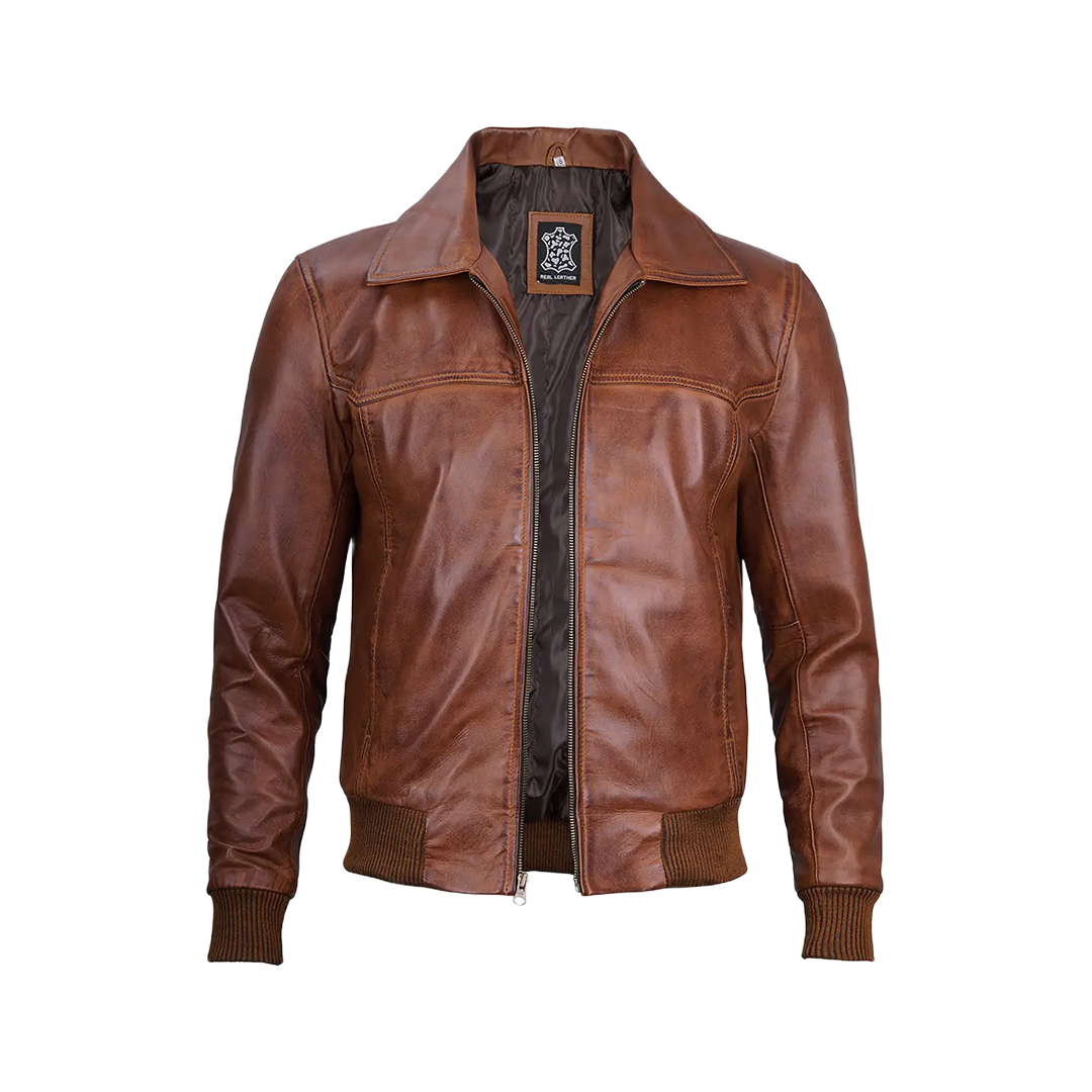 Men's Distressed Brown Leather Bomber Jacket — Vintage Style