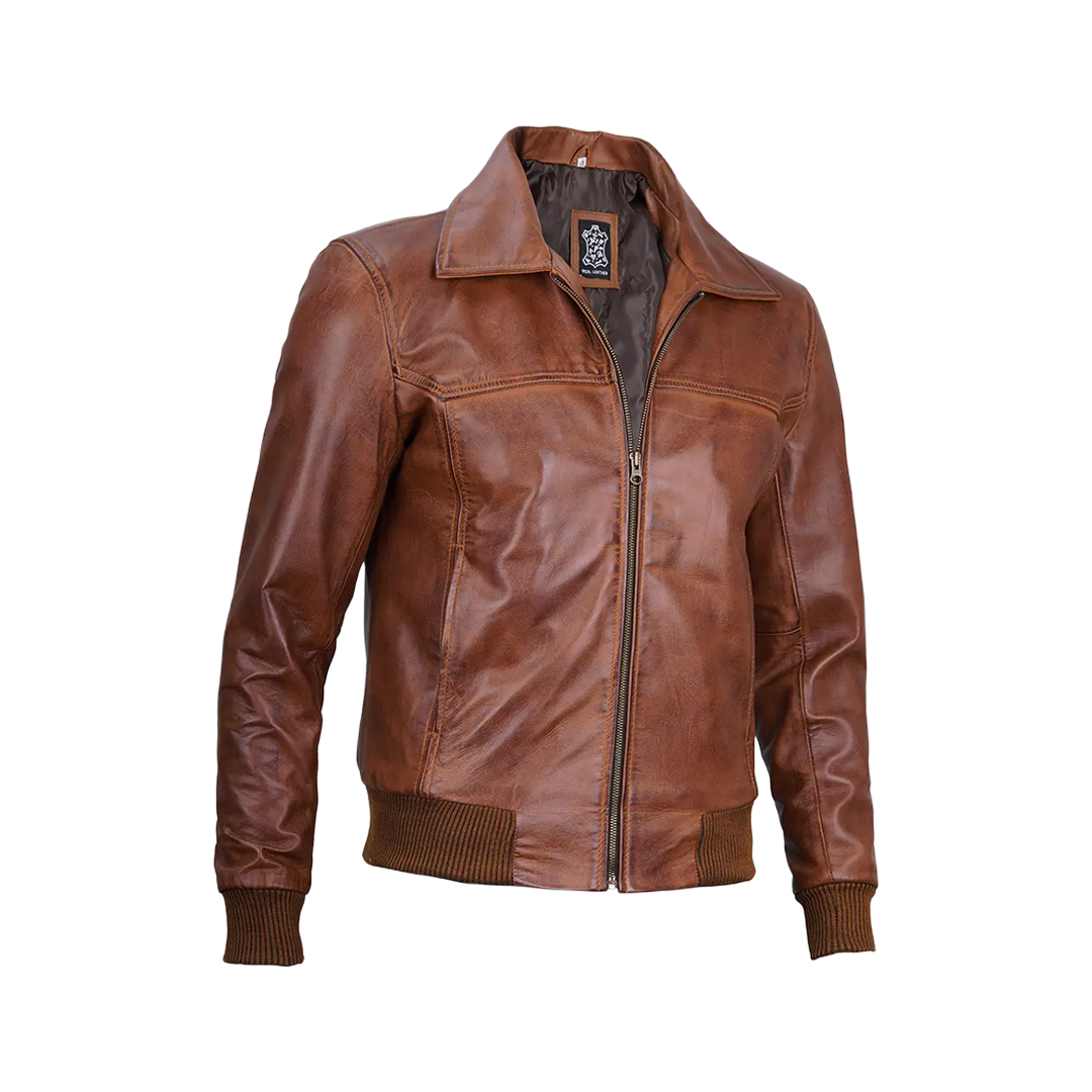Men's Distressed Brown Leather Bomber Jacket — Vintage Style