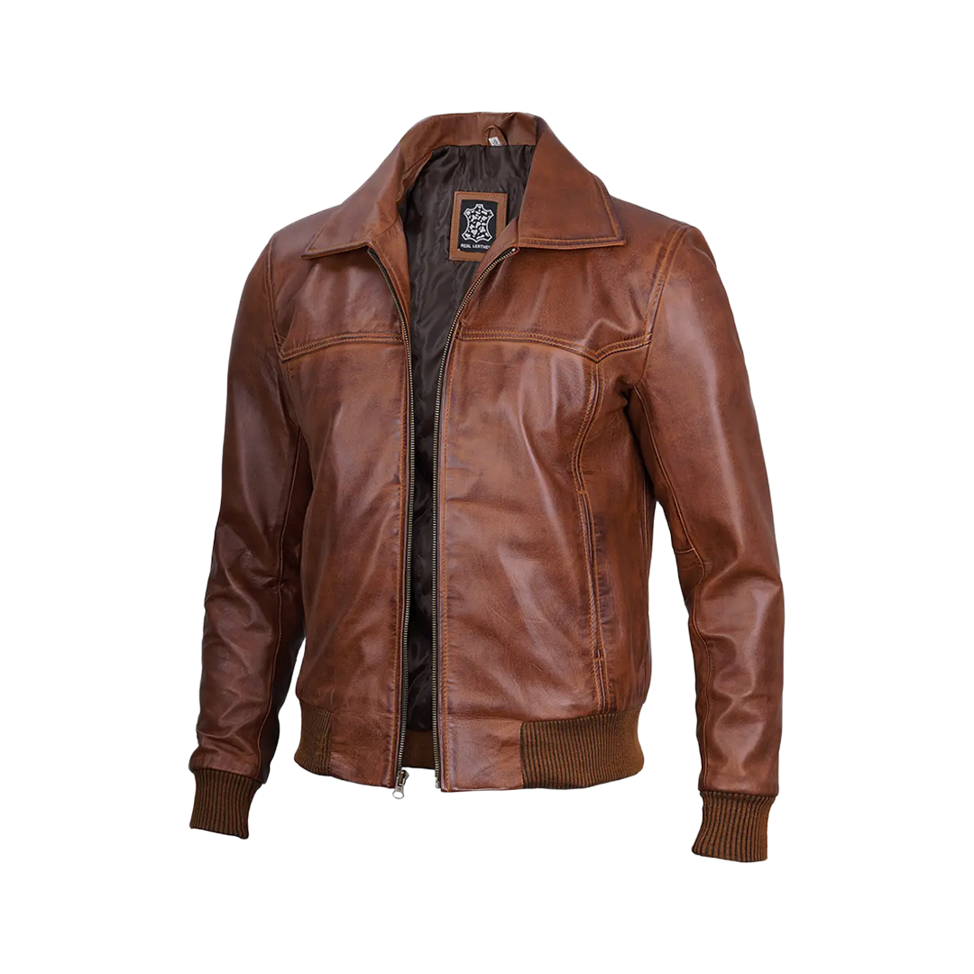 Men's Distressed Brown Leather Bomber Jacket — Vintage Style