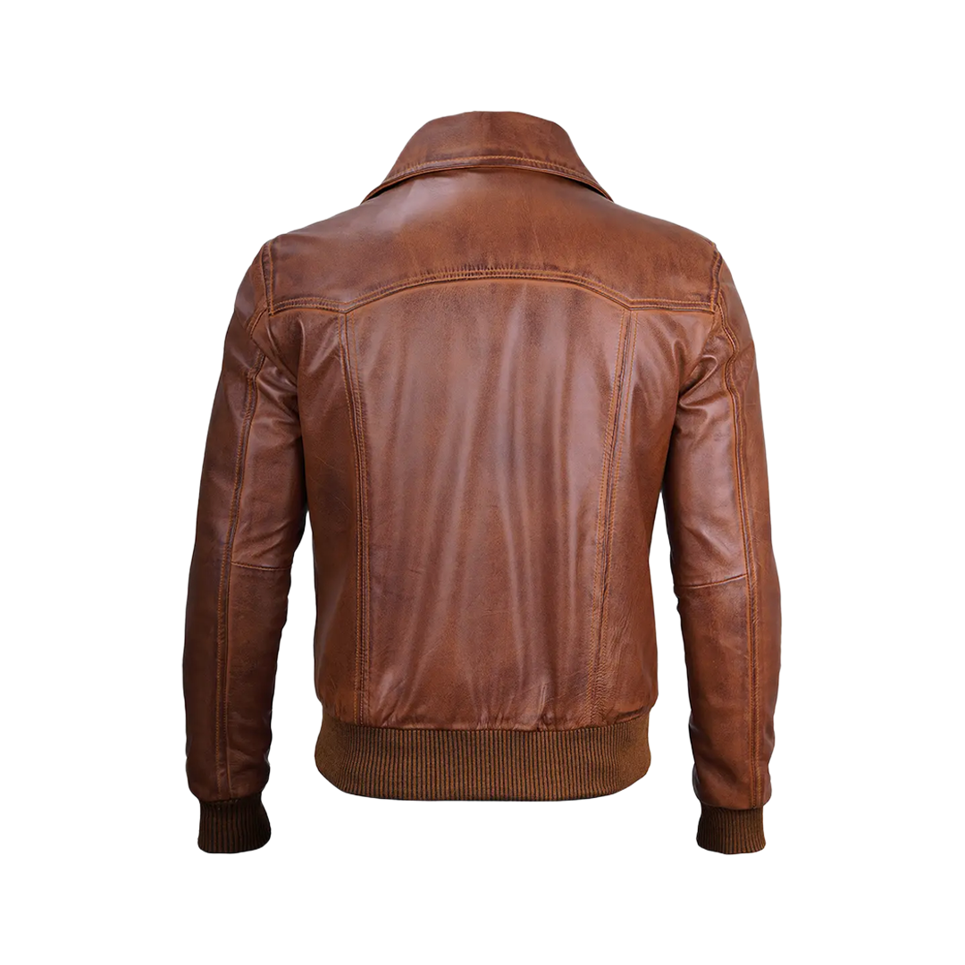 Men's Distressed Brown Leather Bomber Jacket — Vintage Style