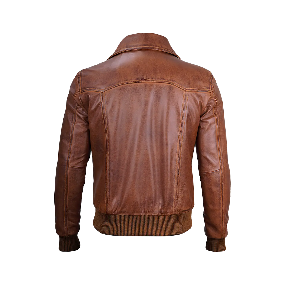 Men's Distressed Brown Leather Bomber Jacket — Vintage Style