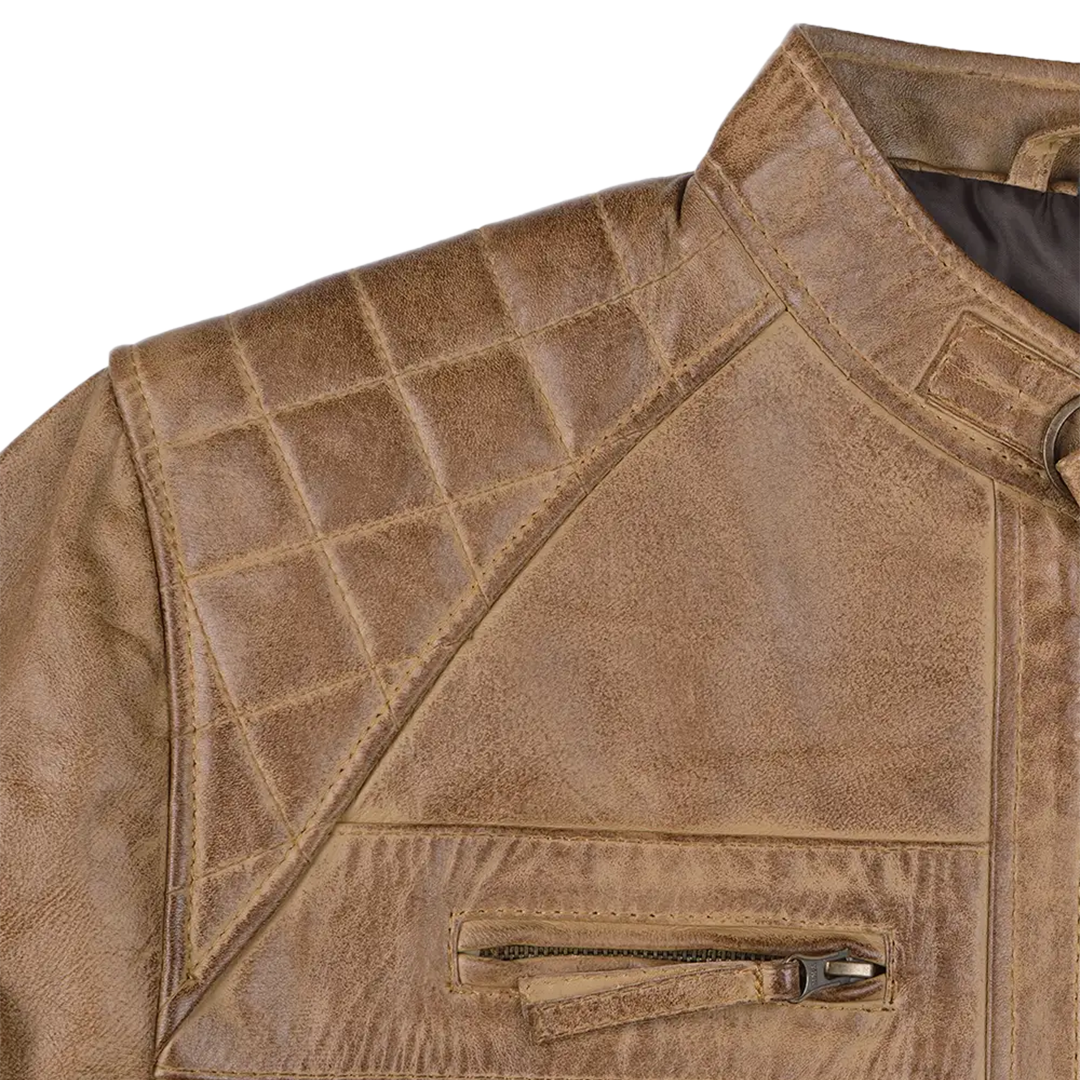 Men’s Waxed Camel Cafe Racer Leather Jacket