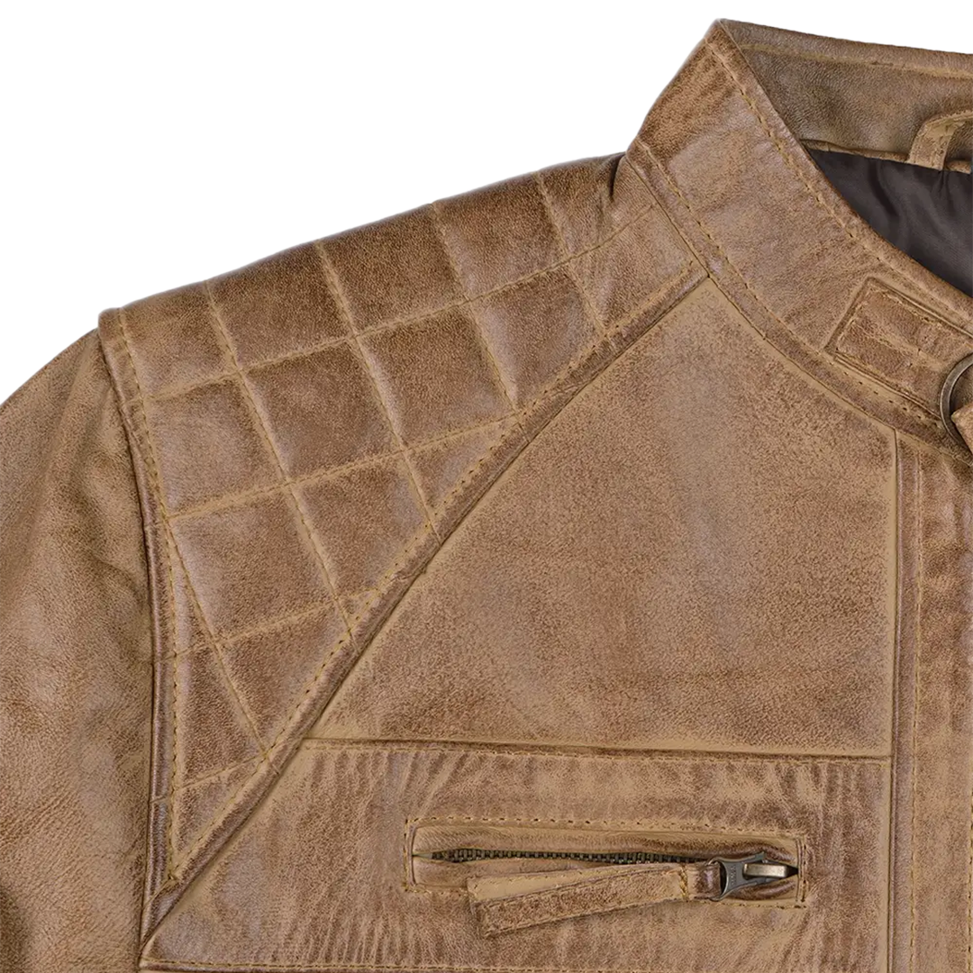 Men’s Waxed Camel Cafe Racer Leather Jacket