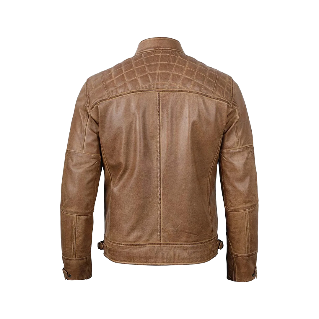 Men’s Waxed Camel Cafe Racer Leather Jacket
