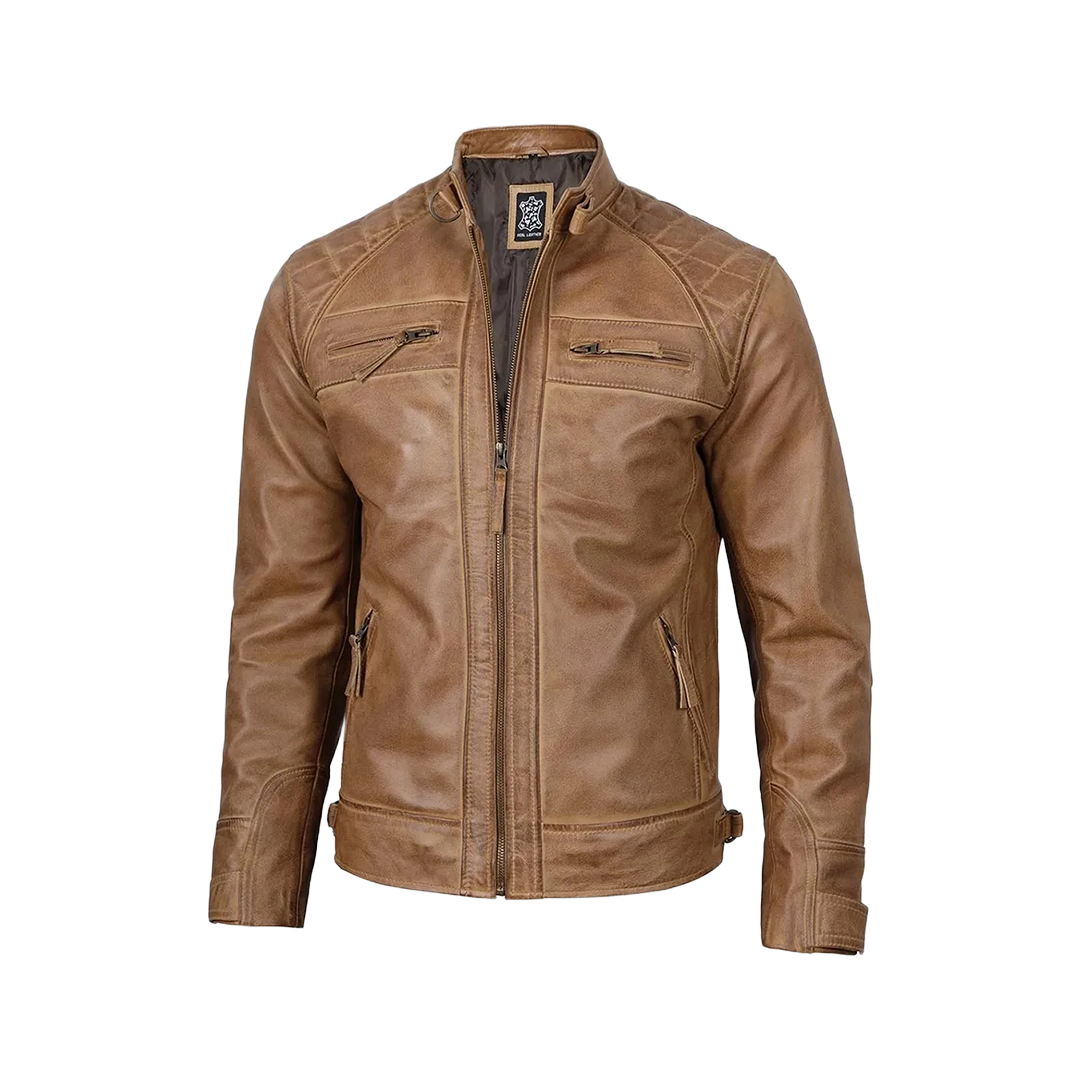 Men’s Waxed Camel Cafe Racer Leather Jacket