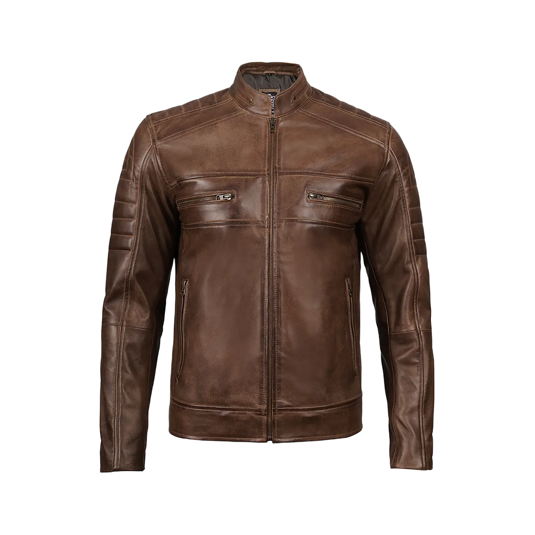 Men's Distressed Coffee Brown Leather Cafe Racer Jacket