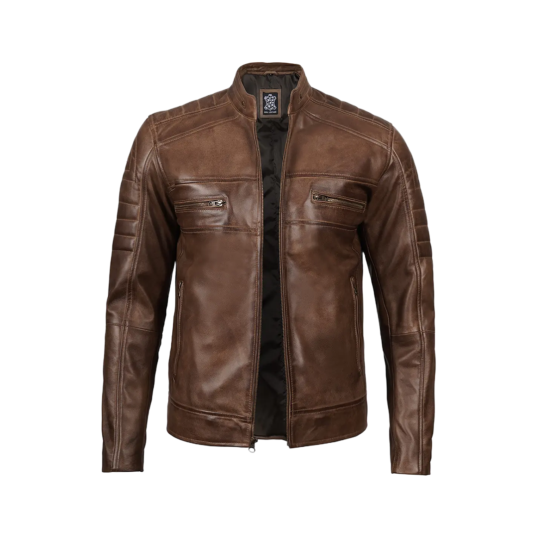 Men's Distressed Coffee Brown Leather Cafe Racer Jacket