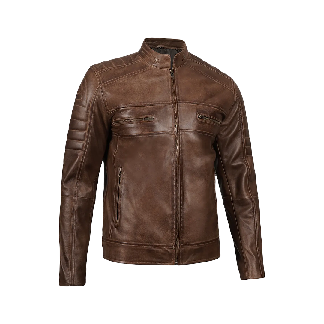 Men's Distressed Coffee Brown Leather Cafe Racer Jacket