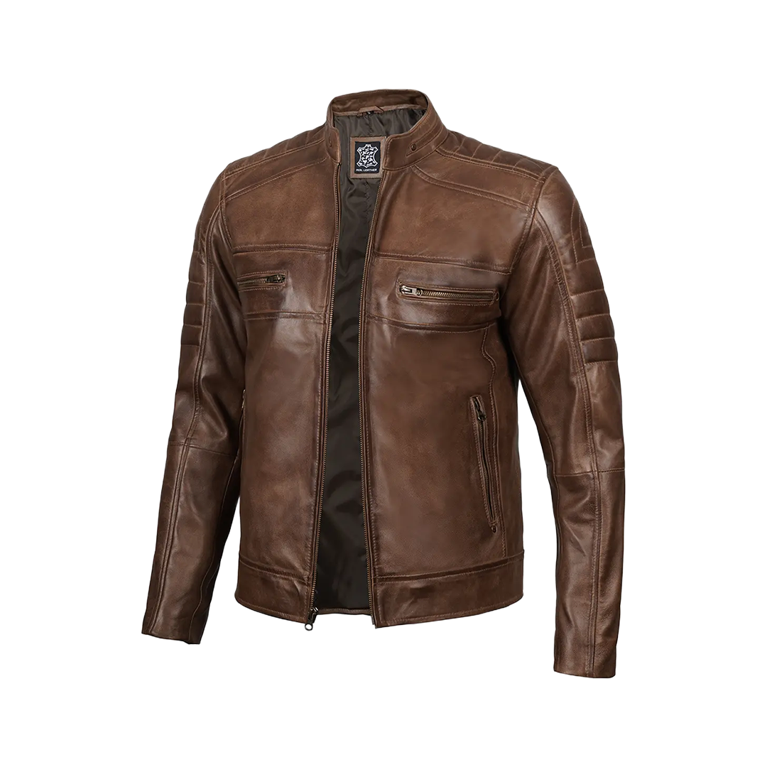 Men's Distressed Coffee Brown Leather Cafe Racer Jacket