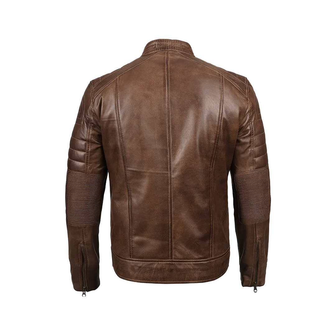 Men's Distressed Coffee Brown Leather Cafe Racer Jacket