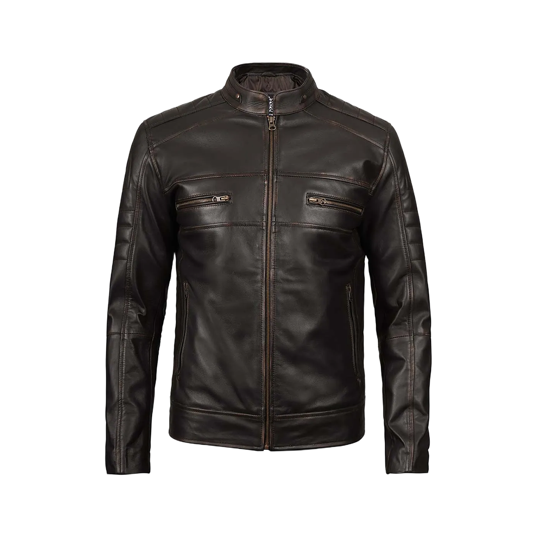 Men's Distressed Dark Brown Cafe Racer Real Leather Jacket