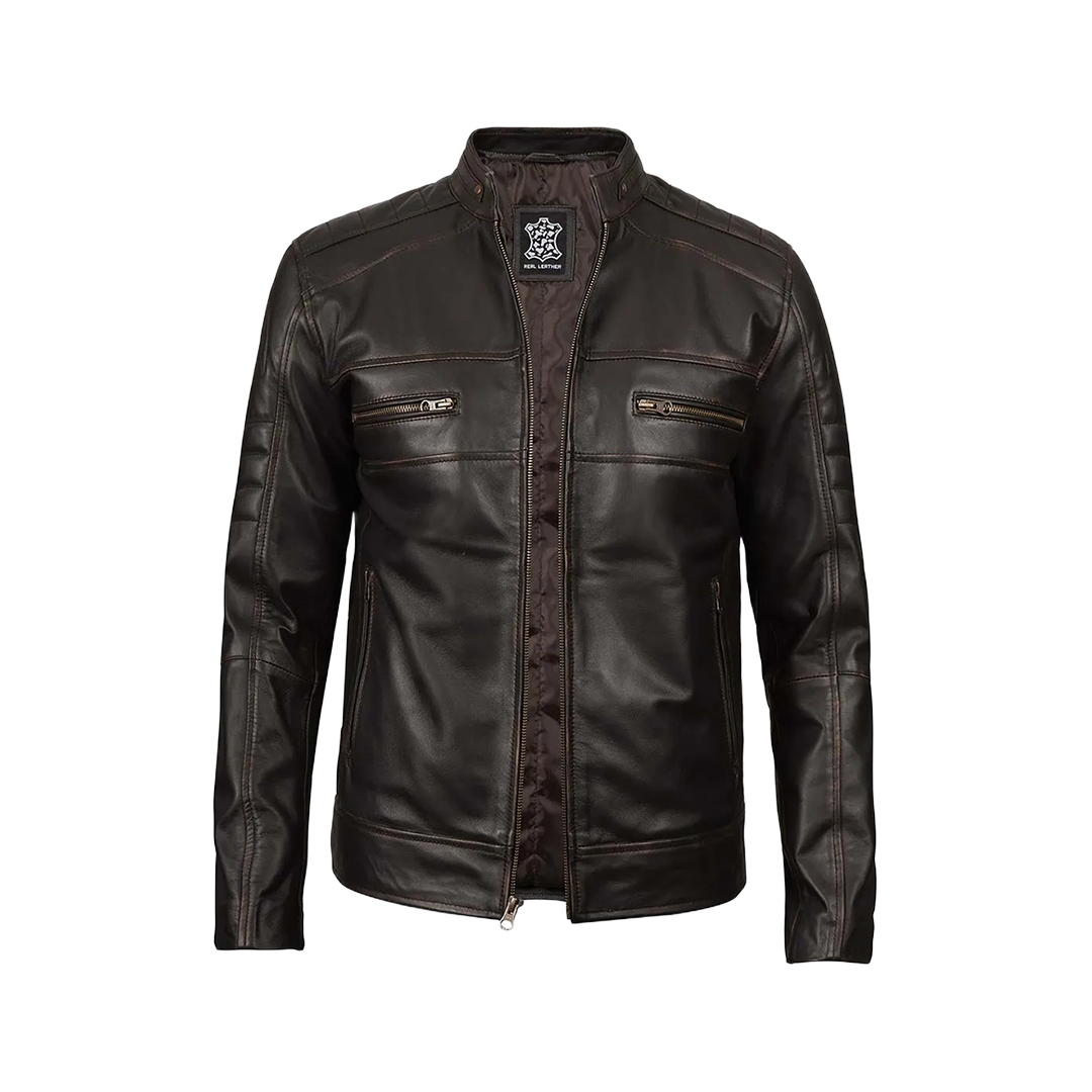 Men's Distressed Dark Brown Cafe Racer Real Leather Jacket