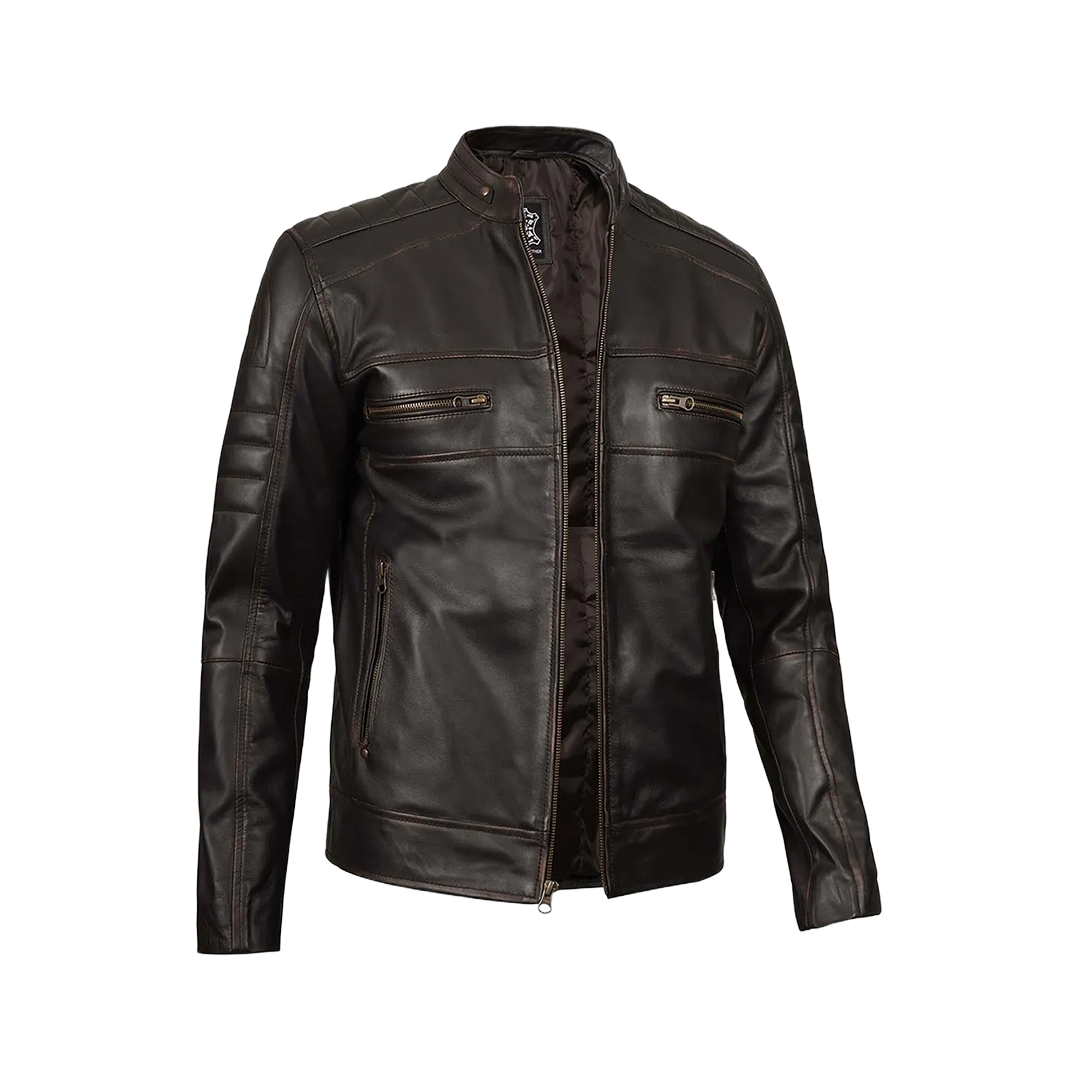 Men's Distressed Dark Brown Cafe Racer Real Leather Jacket