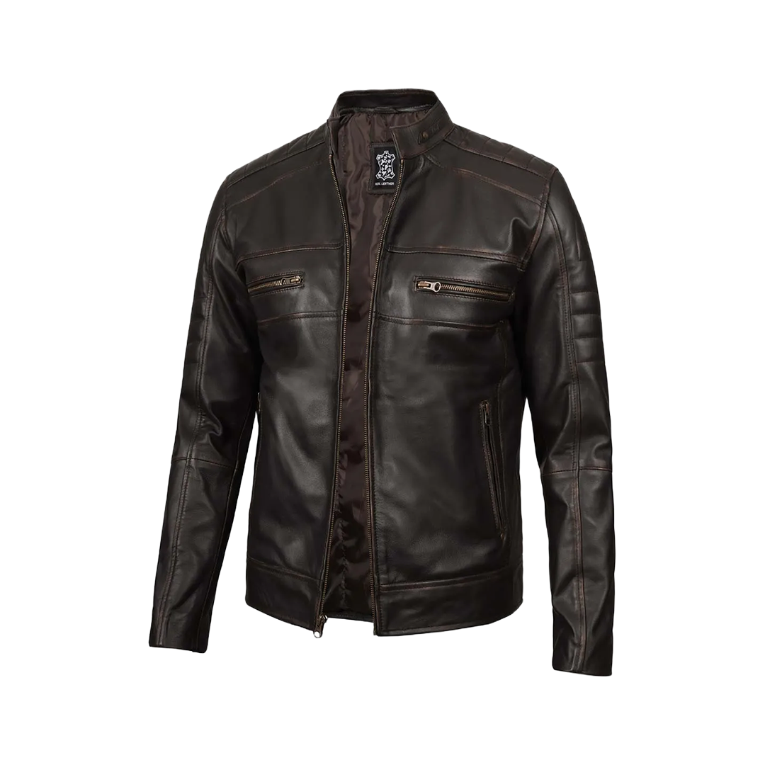 Men's Distressed Dark Brown Cafe Racer Real Leather Jacket