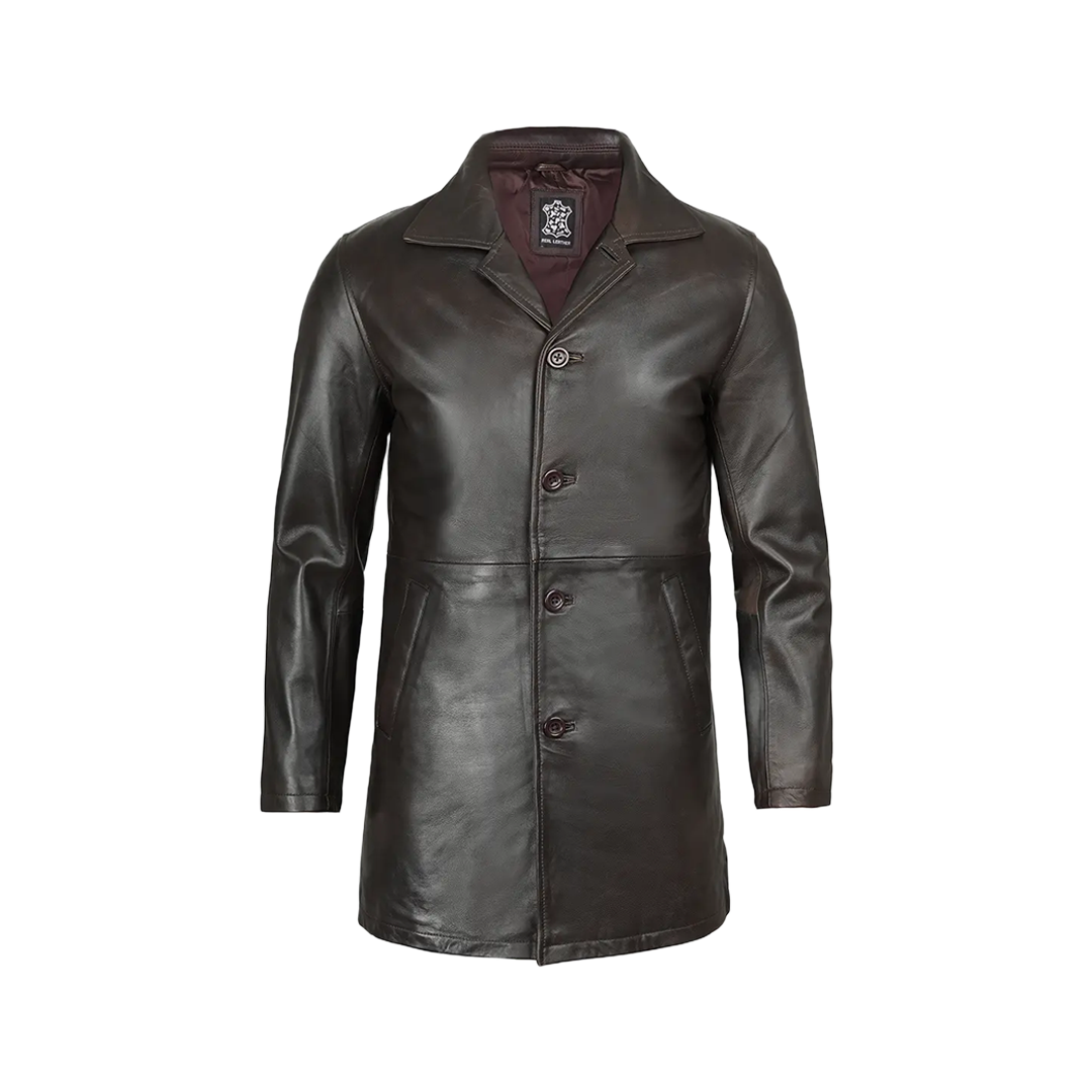 Men's Distressed Dark Brown Leather Car Coat