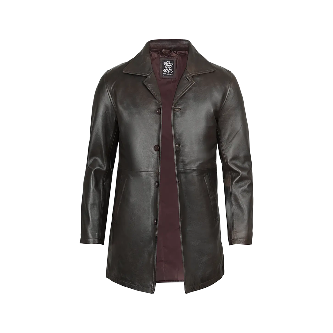 Men's Distressed Dark Brown Leather Car Coat