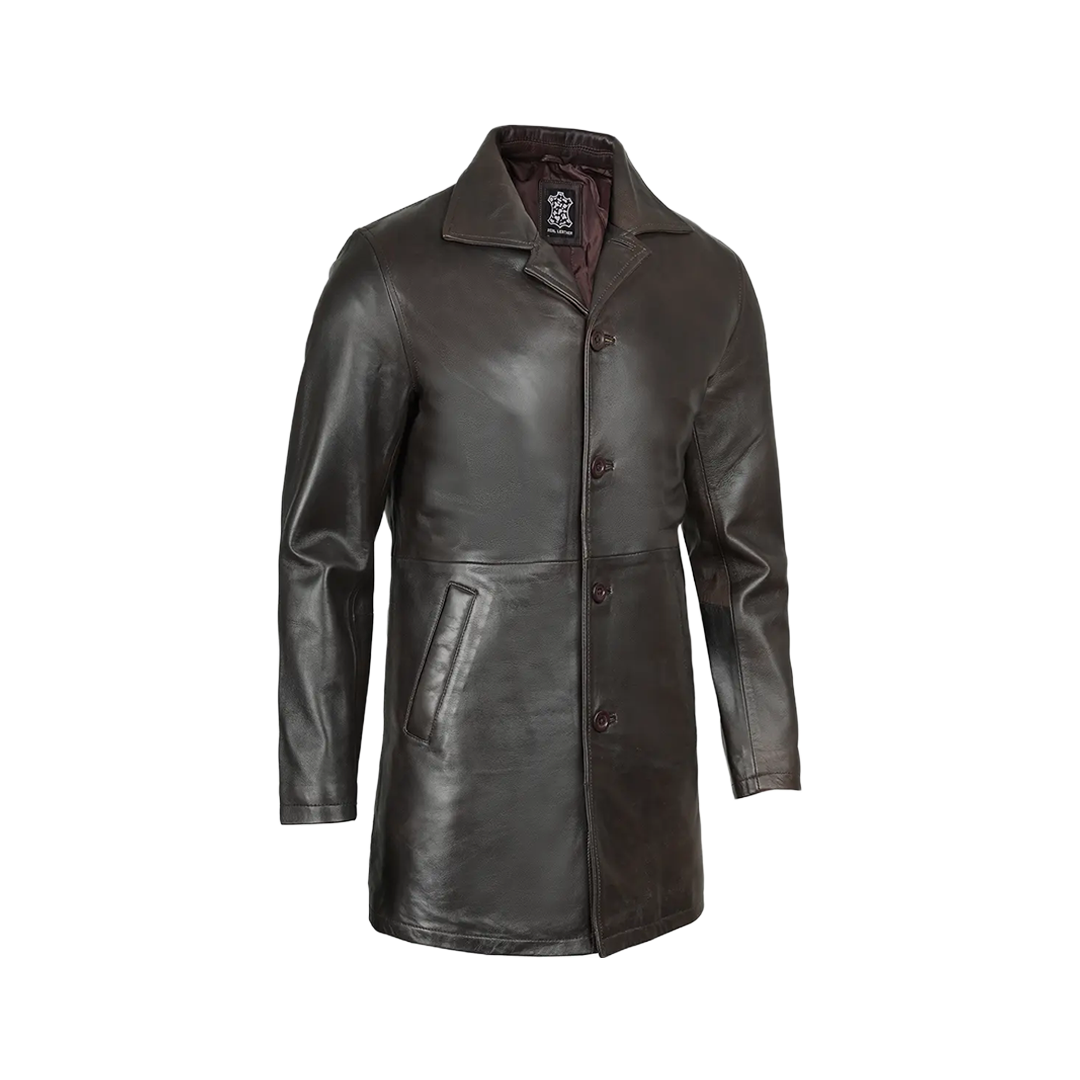Men's Distressed Dark Brown Leather Car Coat