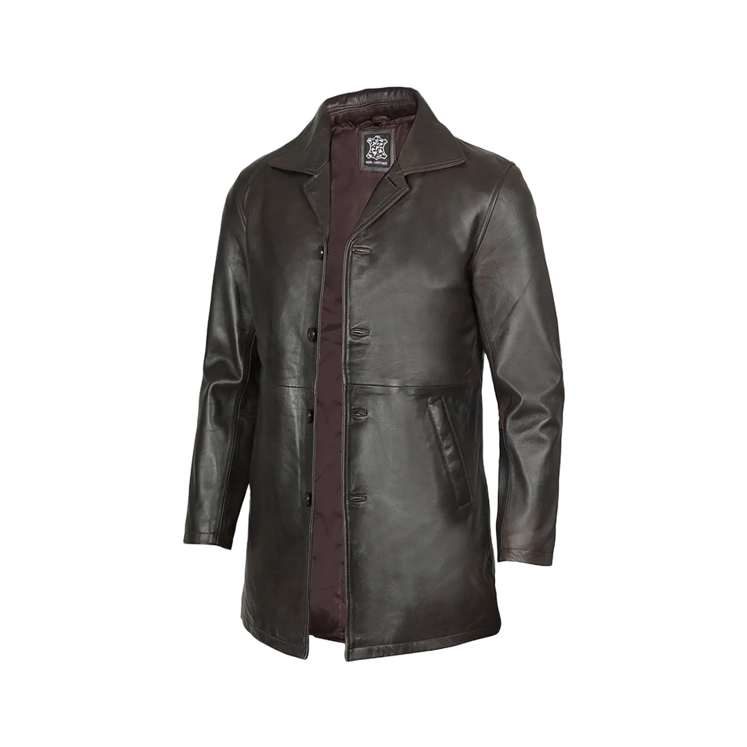 Men's Distressed Dark Brown Leather Car Coat