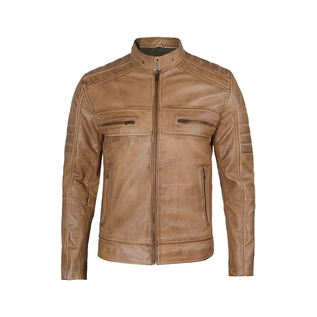 Men's Distressed Tan Cafe Racer Real Leather Jacket