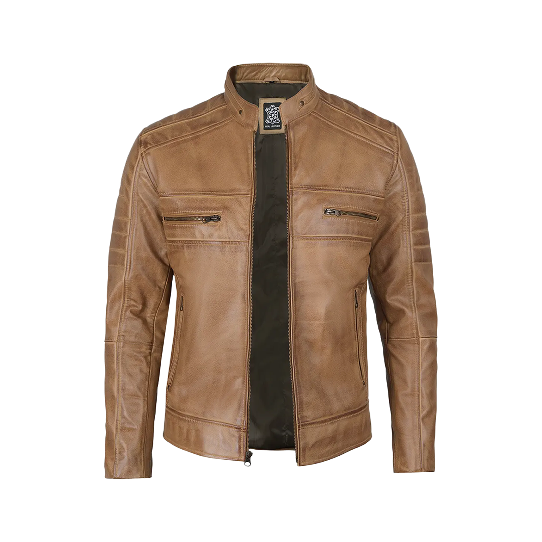 Men's Distressed Tan Cafe Racer Real Leather Jacket