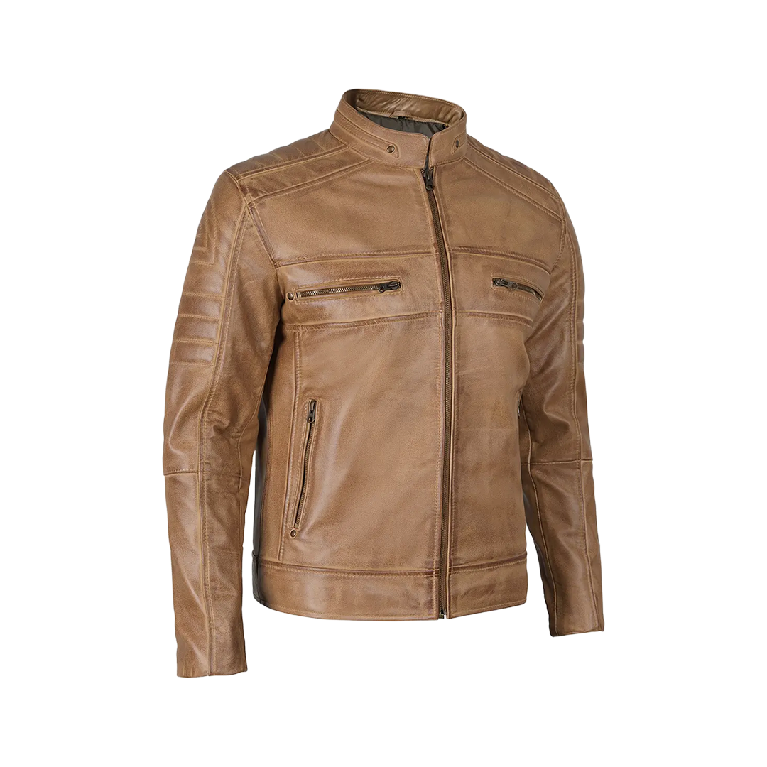 Men's Distressed Tan Cafe Racer Real Leather Jacket