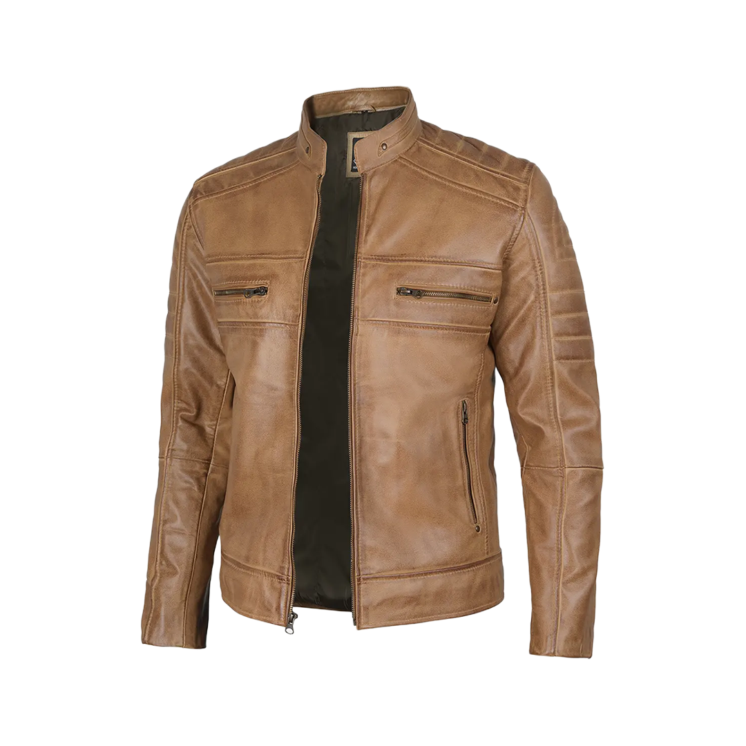 Men's Distressed Tan Cafe Racer Real Leather Jacket