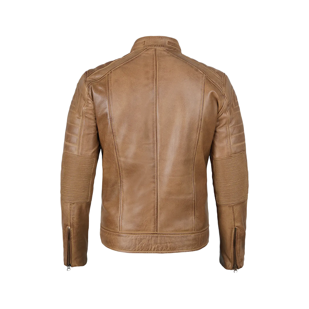 Men's Distressed Tan Cafe Racer Real Leather Jacket