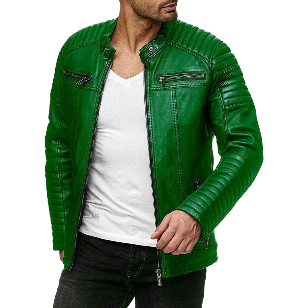 Men's Green Cafe Racer Rider High Quality Genuine Leather Jacket