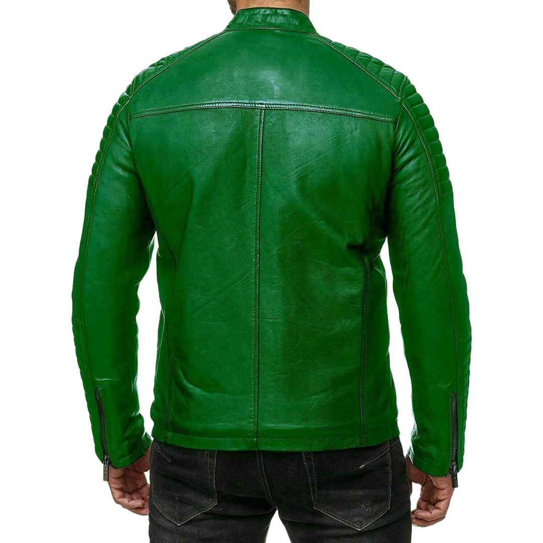 Men's Green Cafe Racer Rider High Quality Genuine Leather Jacket