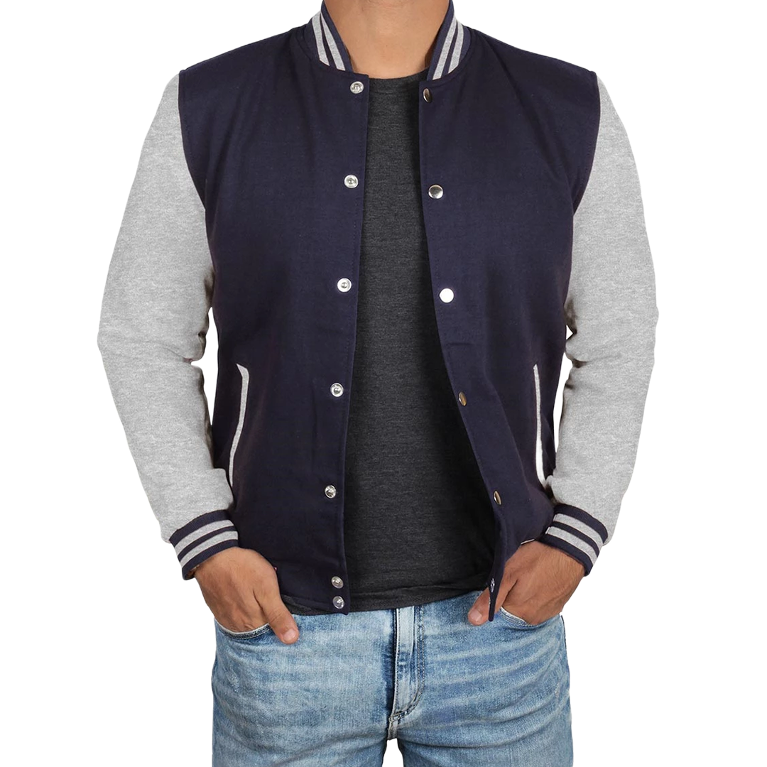 Men's Grey and Blue Varsity Jacket - Bomber Letterman Style