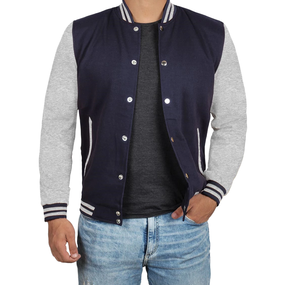 Men's Grey and Blue Varsity Jacket - Bomber Letterman Style