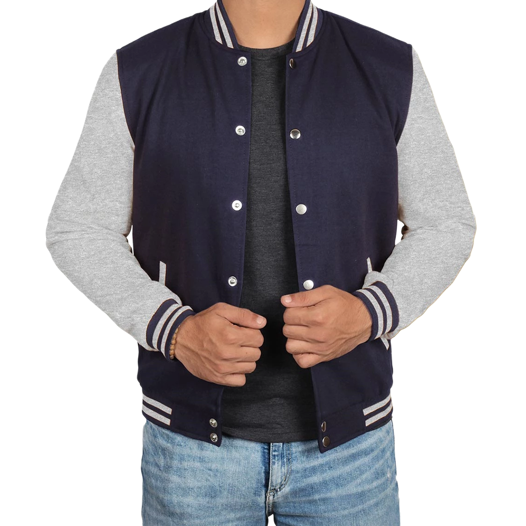 Men's Grey and Blue Varsity Jacket - Bomber Letterman Style
