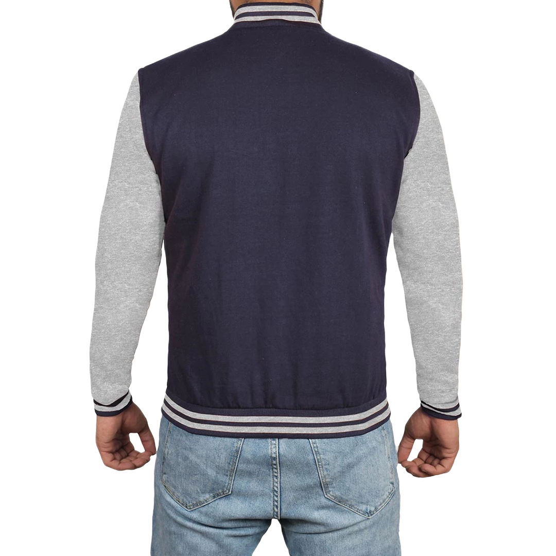 Men's Grey and Blue Varsity Jacket - Bomber Letterman Style