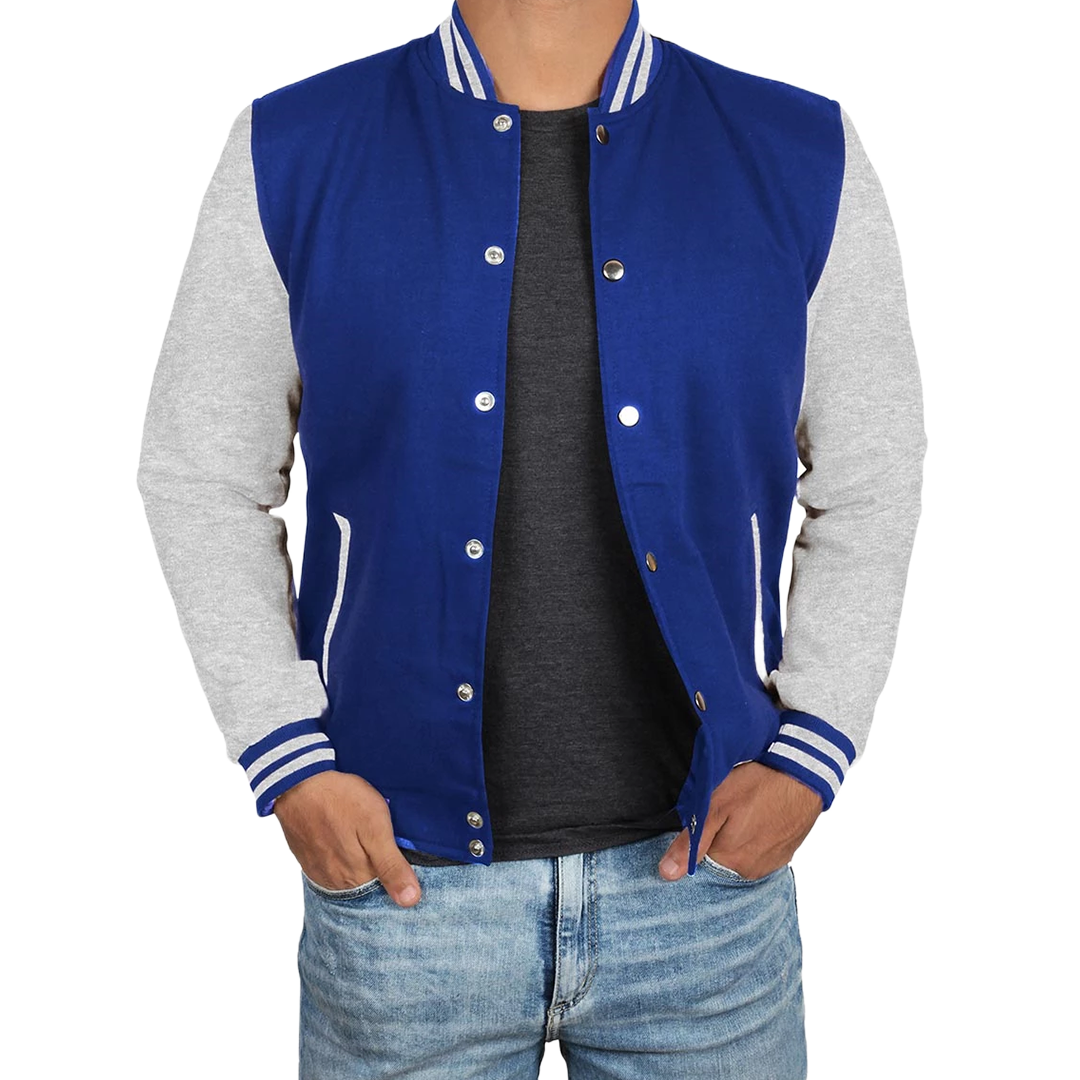 Men's Grey and Royal Blue Varsity Jacket - Letterman Style