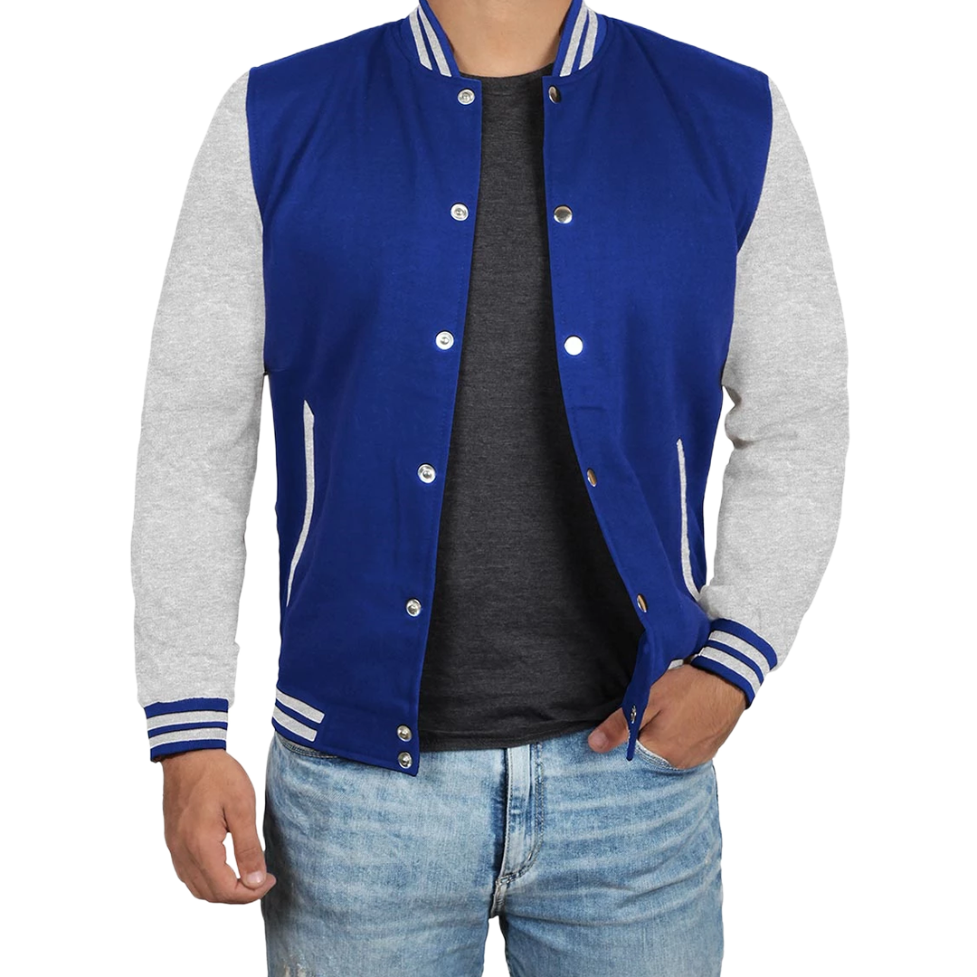 Men's Grey and Royal Blue Varsity Jacket - Letterman Style