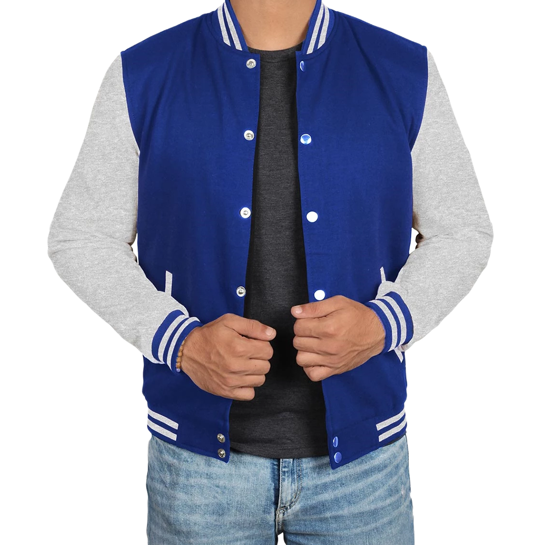 Men's Grey and Royal Blue Varsity Jacket - Letterman Style